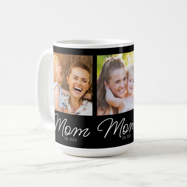 Mom Established 3 Photo Script Black Coffee Mug (Front Left)