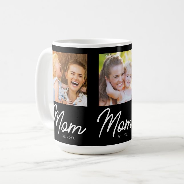 Mom Established 3 Photo Script Black Coffee Mug (Front Left)