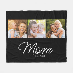 Mom Established 3 Photo Script Black Fleece Blanket