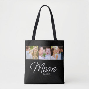Mom Established 3 Photo Script Black Tote Bag