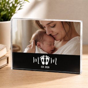 Mom Established Baby Footprints Photo Gift Block