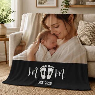 Mom Established Baby Footprints Photo Gift Fleece Blanket