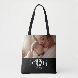Mom Established Baby Footprints Script Black Photo Tote Bag