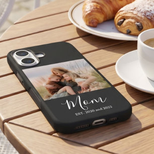 Mom Established Black Elegant Photo Script iPhone 16 Case