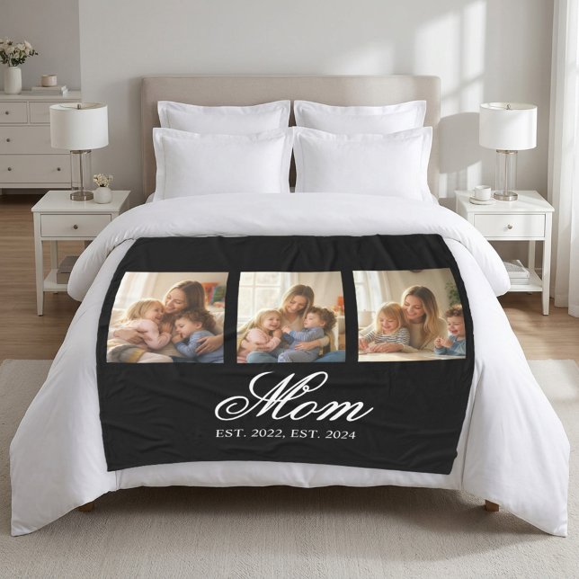 Mom Established Black Elegant Script 3 Photo Fleece Blanket (Mom EST. Elegant Script 3 Photo Fleece Blanket. personalize the est years for a Mother's Day Gift)