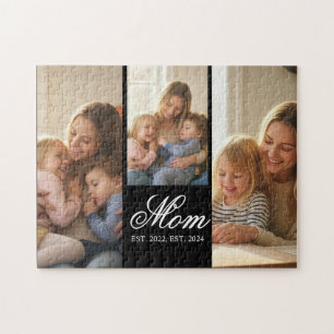 Mom Established Black Elegant Script 3 Photo Jigsaw Puzzle
