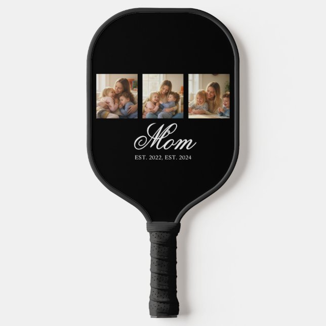 Mom Established Black Elegant Script 3 Photo Pickleball Paddle (Front)