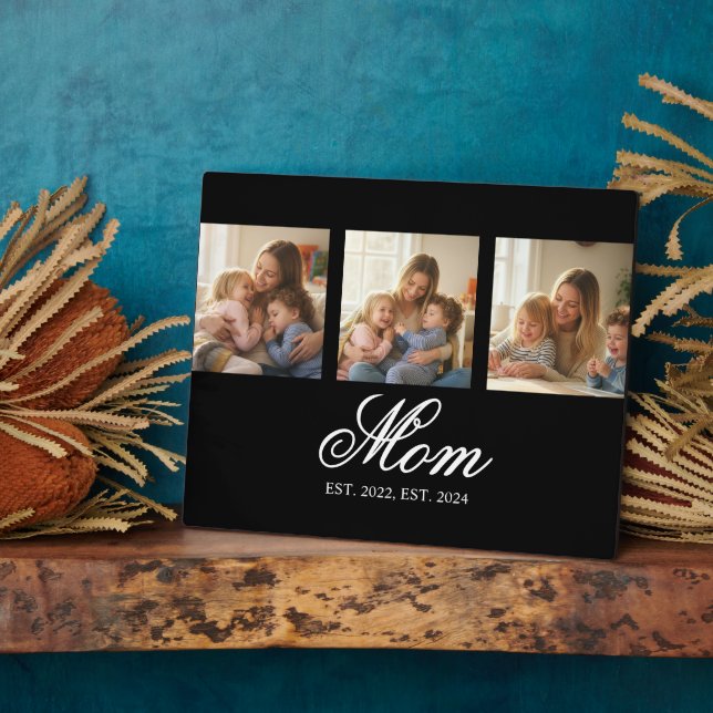 Mom Established Black Elegant Script 3 Photo Plaque (Side)