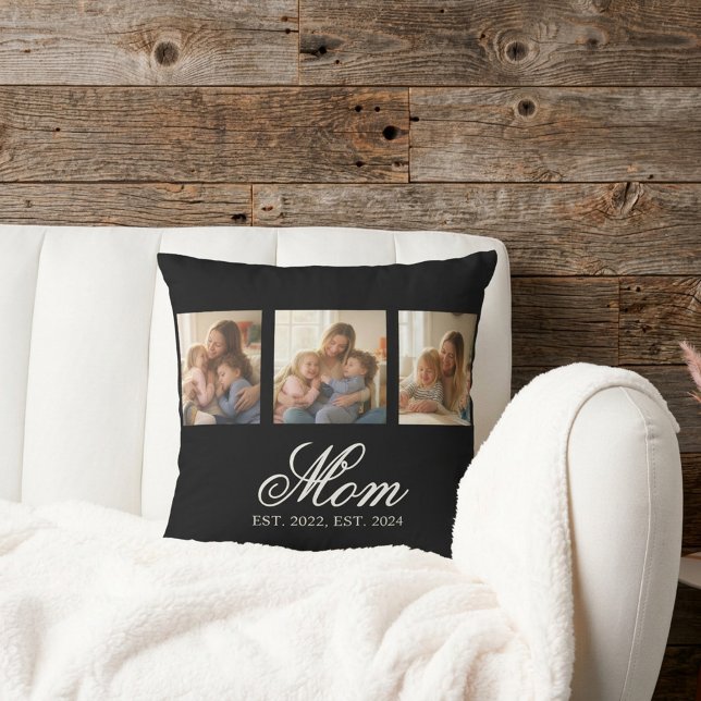 Mom Established Black Elegant Script 3 Photo Throw Pillow (Mom Established Black Elegant Script 3 Photo Throw Pillow)