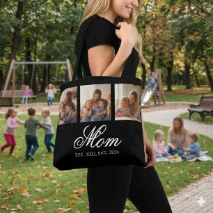 Mom Established Black Elegant Script 3 Photo Tote Bag