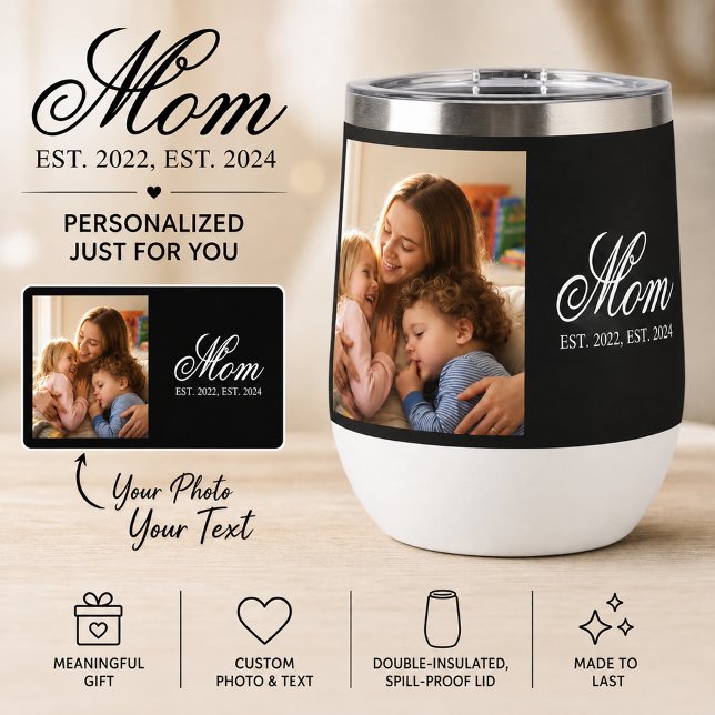 Mom Established Black Elegant Script Photo (Mom Established Black Elegant Script Photo Thermal Wine Tumbler)