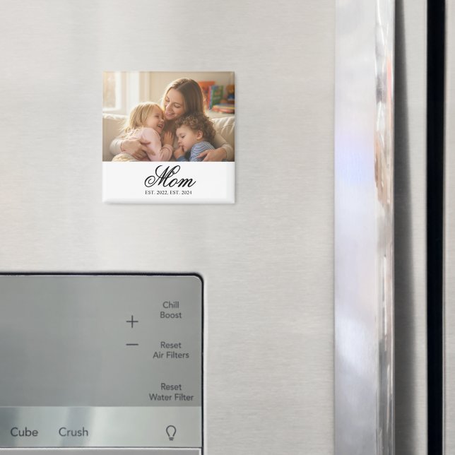 Mom Established Black Elegant Script Photo Magnet (In Situ (Fridge))