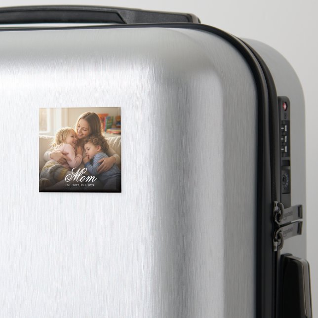 Mom Established Black Elegant Script Photo Magnet (In Situ (Luggage))