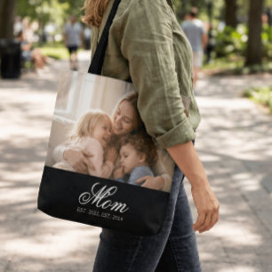 Mom Established Black Elegant Script Photo Tote Bag