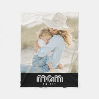 Mom Established Black Modern Retro Script Photo Fleece Blanket