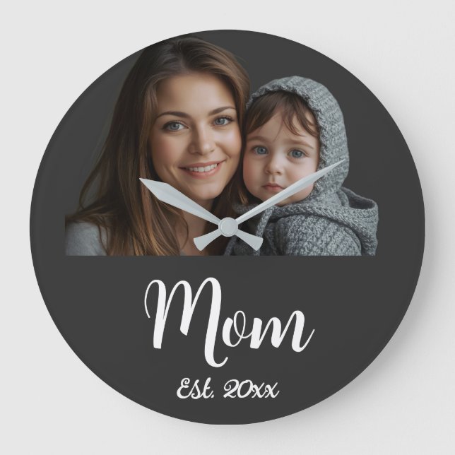 Mom Established Black Modern Script Clock (Front)