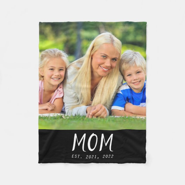 Mom Established Black Modern Script Photo Fleece Blanket (Front)