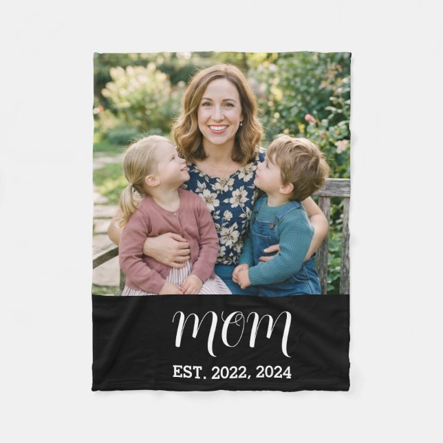 Mom Established Black Modern Script Photo  Fleece Blanket (Front)