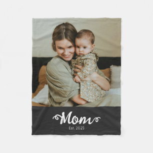 Mom Established Black Modern Script Photo Fleece Blanket