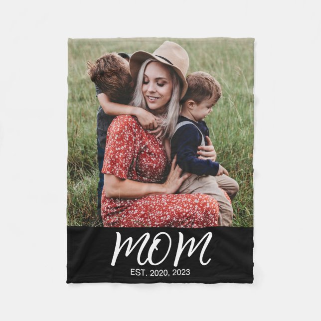 Mom Established Black Modern Script Photo Fleece Blanket (Front)