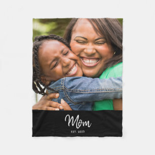 Mom Established Black Modern Script Photo  Fleece Blanket
