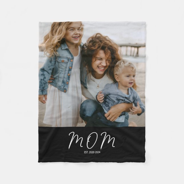 Mom Established Black Modern Script Photo Fleece Blanket (Front)