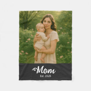 Mom Established Black Modern Script Photo Fleece Blanket