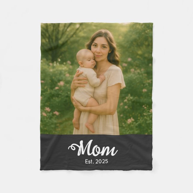Mom Established Black Modern Script Photo Fleece Blanket (Front)