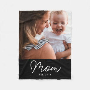 Mom Established Black Modern Script Photo Fleece Blanket