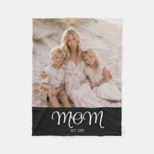 Mom Established Black Modern Script Photo Fleece Blanket