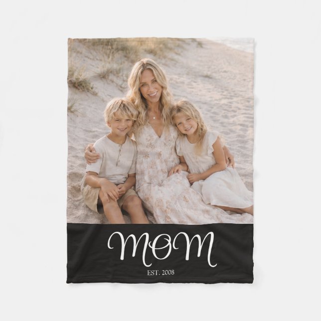Mom Established Black Modern Script Photo Fleece Blanket (Front)