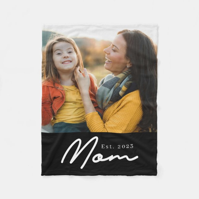 Mom Established Black Modern Script Photo Fleece Blanket (Front)