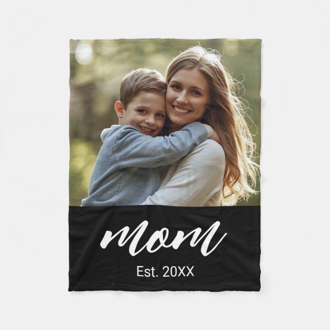 Mom Established Black Modern Script Photo Fleece Blanket (Front)