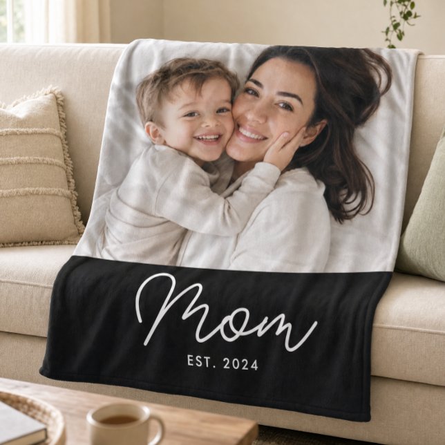 Mom Established Black Modern Script Photo Fleece Blanket (Creator Uploaded)