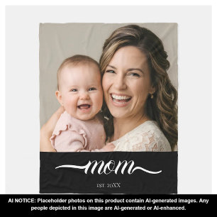 Mom Established Black Modern Script Photo Fleece Blanket
