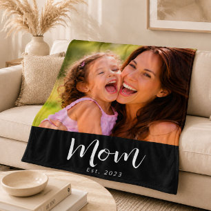 Mom Established Black Modern Script Photo Fleece Blanket