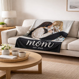 Mom Established Black Modern Script Photo Fleece Blanket