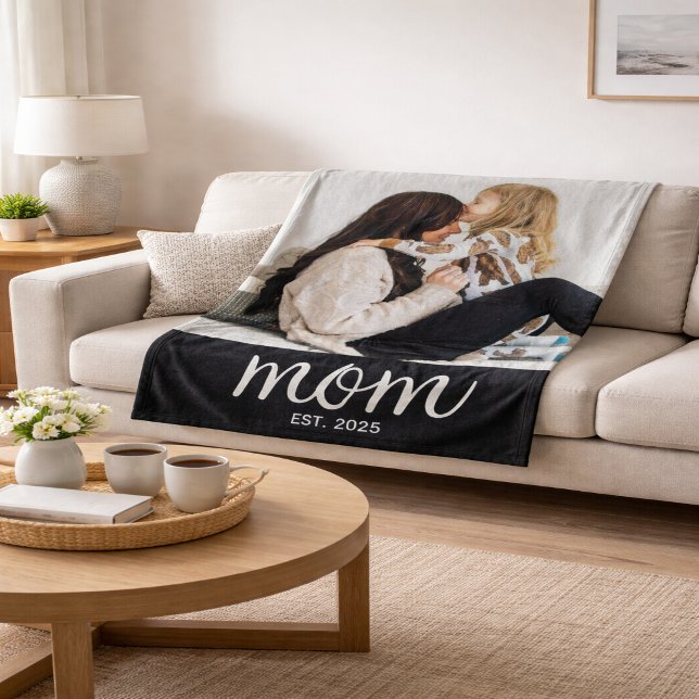 Mom Established Black Modern Script Photo Fleece Blanket (Creator Uploaded)