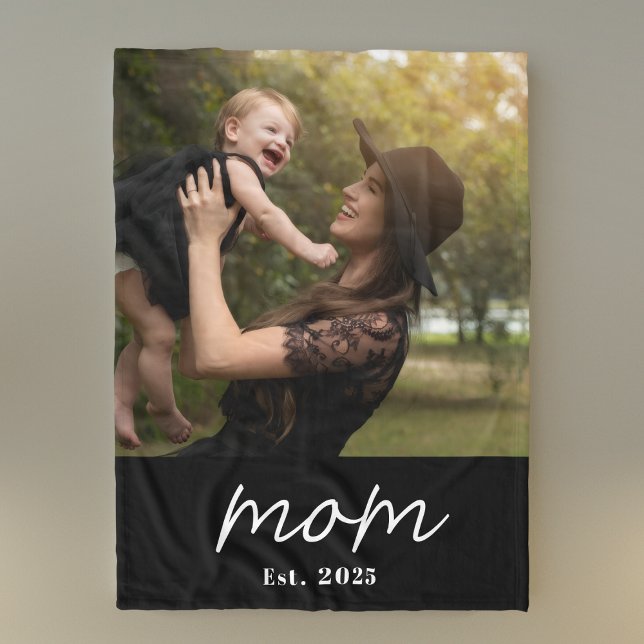 Mom Established Black Modern Script Photo Fleece Blanket (Creator Uploaded)