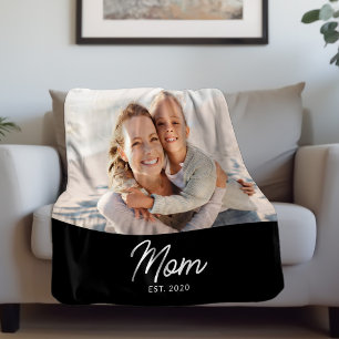 Mom Established Black Modern Script Photo Fleece Blanket