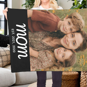 Mom Established Black Modern Script Photo Fleece Blanket