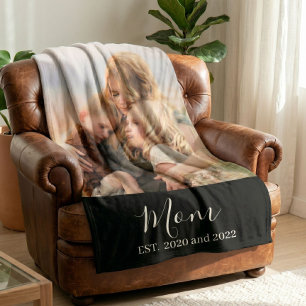 Mom Established Black Modern Script Photo Fleece Blanket