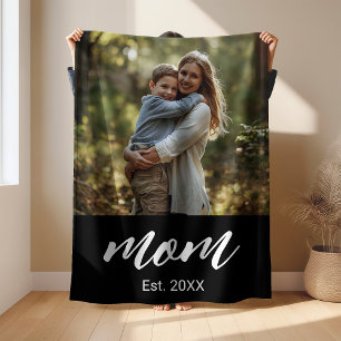 Mom Established Black Modern Script Photo Fleece Blanket