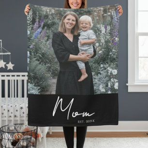Mom Established Black Modern Script Photo Fleece Blanket