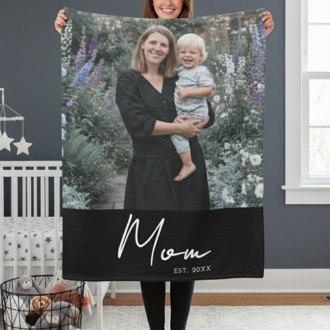 Mom Established Black Modern Script Photo Fleece Blanket (Creator Uploaded)