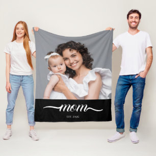Mom Established Black Modern Script Photo Fleece Blanket