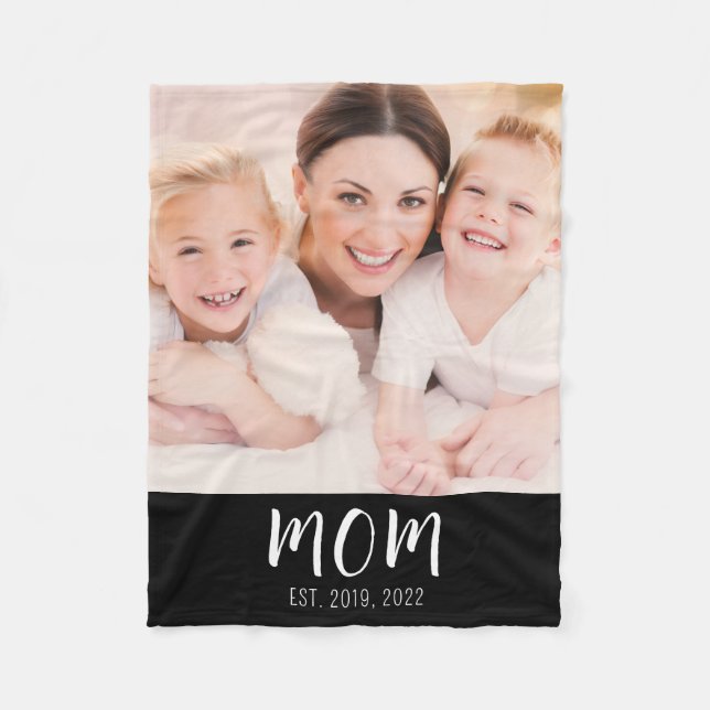 Mom Established Black Modern Script Photo Fleece Blanket (Front)