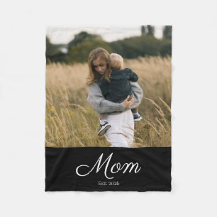 Mom Established Black Modern Script Photo Fleece Blanket