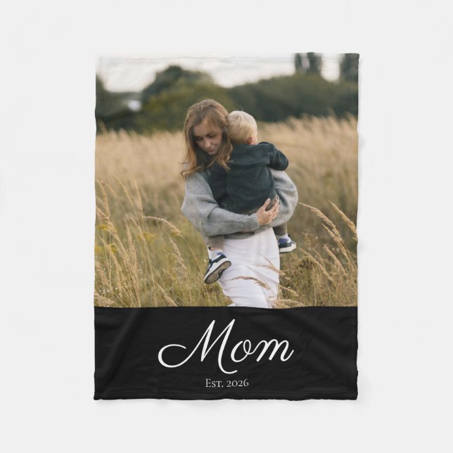 Mom Established Black Modern Script Photo Fleece Blanket (Front)