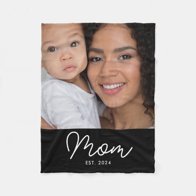Mom Established Black Modern Script Photo Fleece Blanket (Front)